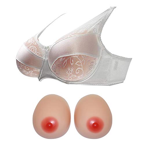 ONEFENG Silicone Breast Forms with Bra for Crossdresser Artificial Fake Boobs False Prothesis for Transgender Trans Women Drag Queen White C Cup