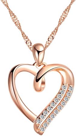 925 Sterling Silver Rhodium plated Rose Gold Heart Pendant Necklace with White CZ including 16 - 20 inch Singapore chain