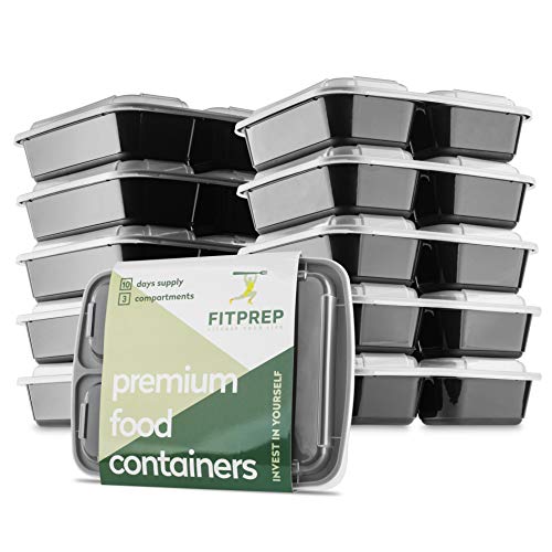 Original de FITPREP® [Pack de 10] Contenedor de alimentos con 3 compartimentos para comida preparada Meal Prep Container | Modelo: FP31-C | Estable, reforzado, de alta calidad
