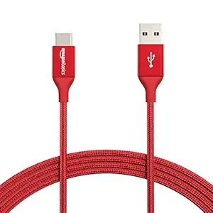 AmazonBasics Double Braided Nylon USB Type-C to Type-A 2.0 Male Cable, 10 Feet (3 Meters) - Red