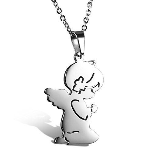 Cupimatch Edelstahl Damen Mädchen Kette mit Anhänger Amulett, Gebet Engel Mädchen Engelsflügel Design Halskette 45cm Schutzengel, Silber