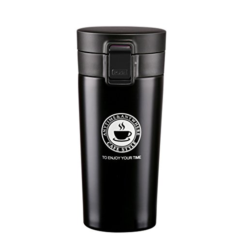 BOJIN Thermobecher 380 ML Edelstahl Kaffeebecher Trinkflasche für Reise Camp Sport Auto Schwarz