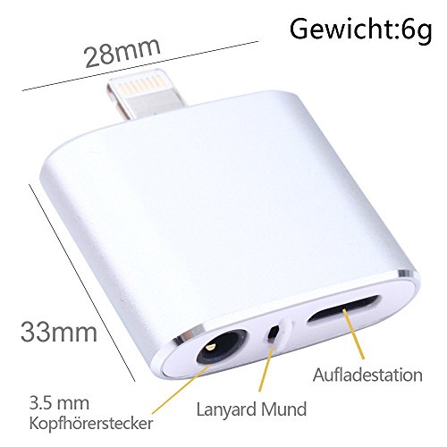 ATETION [ Supporting control music and call volume ] 2 in 1 Lightning to 3.5mm Aux Adapter for iPhone 7 / 7 Plus, Earphones Jack Cable Audio Adapter and Lightning to Charger (Silver)