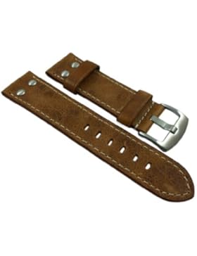 18mm KALBSLEDER UHRENARMBAND IM VINTAGE-LOOK MIT NIETEN BRAUN SILBERFARBENDE DORNSCHLIEßE INKL. MYLEDERSHOP MONTAGEANLEITUNG