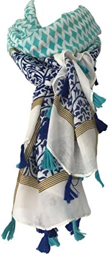 Purple Possum Tassels Scarf Blue Cream Turquoise Wrap Tassel Trim, Ladies Shawl Cotton Blend Wrap, Festival Scarf, Sarong