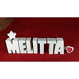 Beton, Steinguss Buchstaben 3 D Deko Schriftzug Namen MELITTA als Geschenk verpackt! Ein ausgefallenes Geschenk zur Geburt, Taufe, Geburtstag oder auch zu anderen Anlässen.