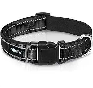 WapaW Reflective Dog Collar with Safety Locking Buckle, Adjustable Pet Collars, Soft Padded Breathable Nylon Pet Collar (Black, Medium)