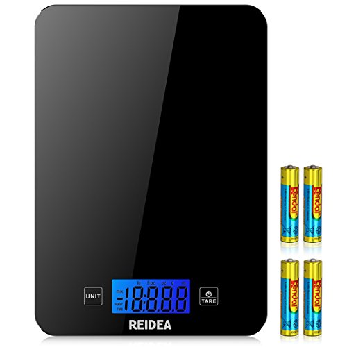 REIDEA Digitale Küchenwaage auf bis zu 1g mit Tara-Funktion, LCD Display und Batterien, 5kg Max, Schwarz