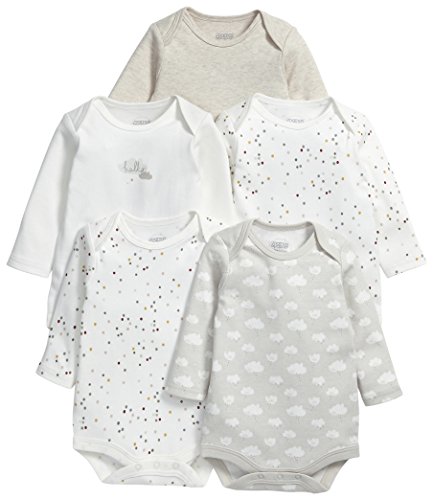 Mamas & Papas Baby-Boys Mamas And Papas 5 Pack Long Sleeve Bodysuit Unisex Long Sleeve Set of 5 Bodysuit, Off-White, 9-12 Months