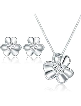 JiangXin Glücksbringer Schmuck Set Damen Anhänger 925 Sterling Silber Ohrring Kette 45cm Halskette Klee Lucky...