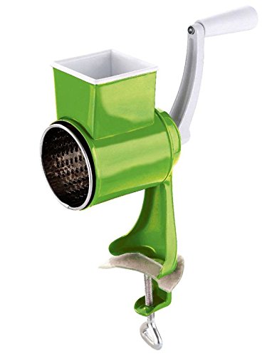 Universalreibe aus Carbonstahl (Trommelreibe, Handkurbel, Nuss-Reibe, Gewürz-Mühle, Einfülltrichter, verstellbare Befestigung)