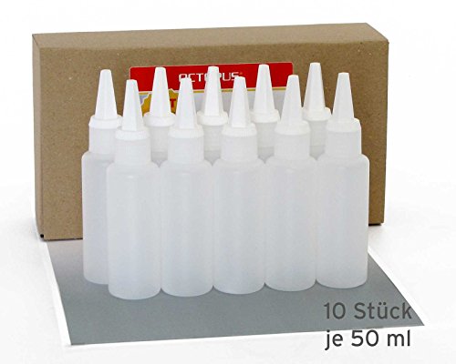 10 x 50ml Kunststoffflaschen, Plastikflaschen aus HDPE mit weißen Spritzverschlüssen bzw. Tropfverschlüssen, chemikalienresistent