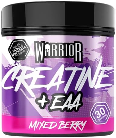 Warrior Creatina Monoidrata + EAA Aminoacidi Essenziali Polvere 270 g, 30 Porzioni – Creatina in Polvere con Amminoacidi Essenziali, Intra Workout per Massa e Recupero – Frutti di Bosco