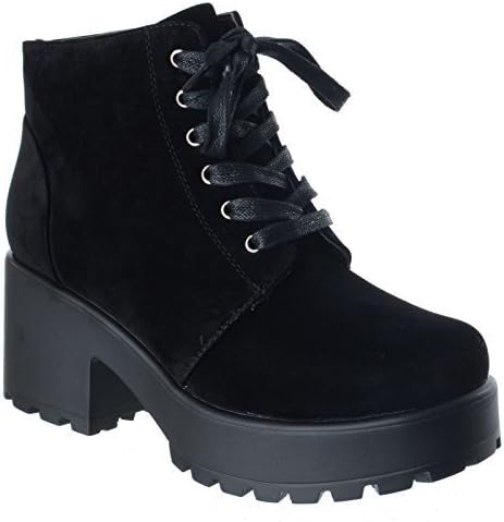 Womens Ladies Chunky Block Heel Lace UP Biker Combat Platform Ankle Boots Shoes [Black Faux Suede UK 3/EU 36/US 5]