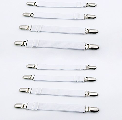 8Stk. (2 Pack) Verstellbare Bettlakenspanner Elastische Betttuchspanner Spannbettlakenhalter mit Metallklammern für 2 Bettlaken oder dünne Bettdecken (weiß)