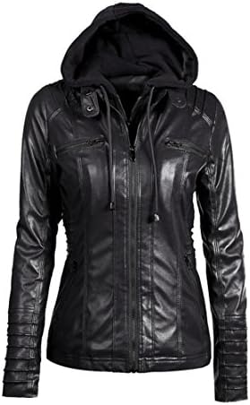 NBAmask Womens Vintage Leather Jacket Zip Up Full Sleeve Leather Hooded Coat (XXL, Black)