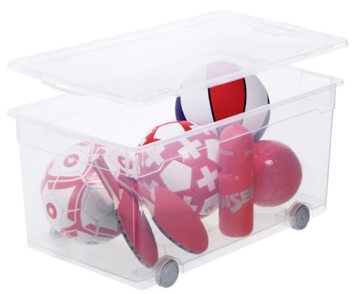Rotho Aufbewahrungsbox Clear Box gross 63 L. von Rotho mit Deckel und 4 Rollen- QR-Code AppMyBox – 63 L. Volumen – (LxBxH) 71.5x40x33.5 cm – transparent – stapelbar – Kunststoff/Plastik (PP) – Div. Größen - 2