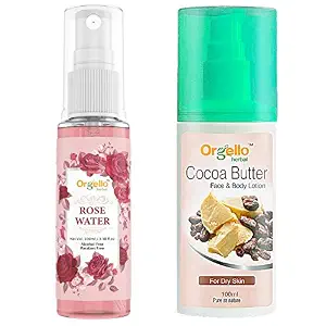 Orgello Herbal Rose Water Spray Mist Toner Gulab jal (100 ml ) + Cocoa Butter Face And Body Lotion ( 100 ml.) - Pack Of 2 - for men women girls boys normal oily dry skin sls paraben mineral oil free