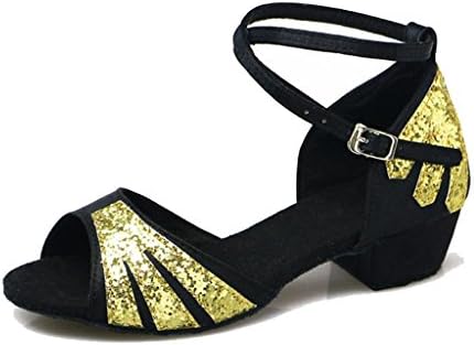 Byjia Women'S Ballroom Latin Dance Shoes Kid Children Chunky Heel Leather Cow Suede Salsa Tango Ankle Strap Buckle Sandals Classical, Black, 32