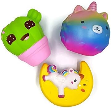 Set of 3 Jumbo Squishies Pack – Slow Rising &amp; Scented – Unicorn on the moon, Unicorn Bear, Smiling Cactus – Stress Relief Toy by Amplus Trading