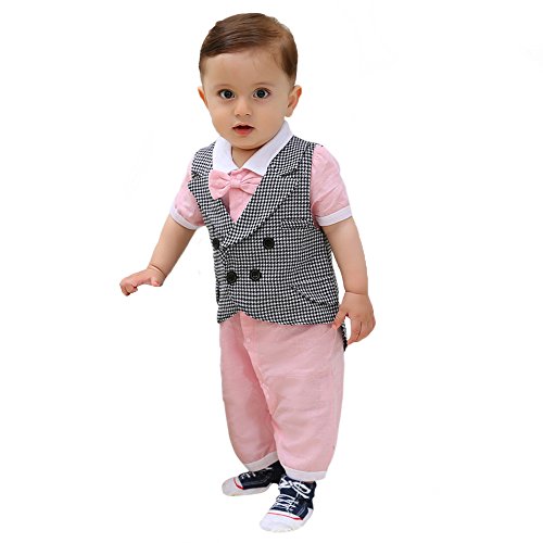 ZOEREA Newborn Infant Toddler Boy Babys Short-sleeved Cotton Gentleman Tuxedo Onesie Romper Jumpsuit Pink Bowknot and Plaid Vest Clothes