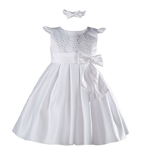 Cinda Satin Christening Party Dress+Headband White 9 - 12 Months