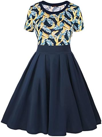 Vessos Women's Casual Flare Floral Contrast Short Sleeve Cocktail Party Dress Yellow Floral XX-Large
