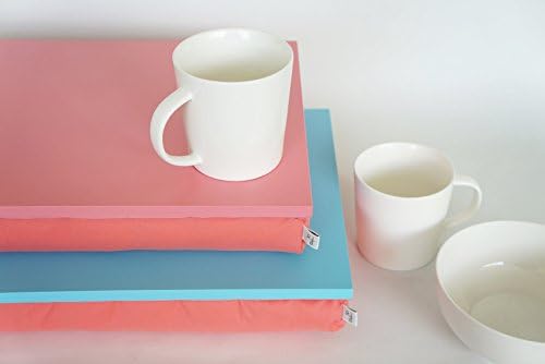 Sofa tray with cozy pillow, Serving tray, Laptop stand- aquamarine blue with light cotton mix fabric pillow in light watermelon coral