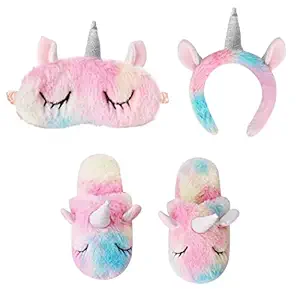 NYRWANA DELIVERING SMILES IN INIDA Girls Unicorn Sleeping Eye Mask, Headband, Non-slip Sole Cute Indoor Winter House Slippers Combo Set