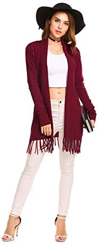 zeela Womens Ladies Spring Elegant Tassel Cardigan Long Sleeve Open Front Solid Thin Long Sweater Knit Outwear