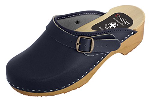 Natural Line - Zuecos de Piel para Mujer Navy Blue (Wooden Sole)