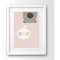 Hallo Bär Kinderposter A4 ungerahmt, Tierposter, lustiges Kinderbild rosa