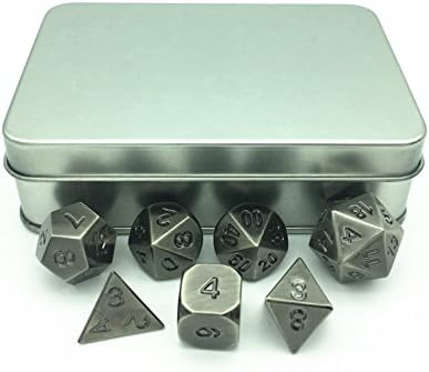 Truewon Role Playing Games Metal Dice Set of 7 Ancient Nickel Color Style TRPG Alloy Dice Set with Metal Case and Storage Bag
