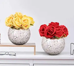 TIED RIBBONS Faux Red & Yellow Color Rose Flowers with Mercury Glass Vase for Center Table, Bedroom, Side Corners, Home D