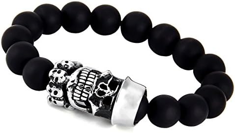 Starmond Mens Womens Black Agate Beaded Bracelet Bangle Link Chain cuff bracelet Skull Bracelet Elastic