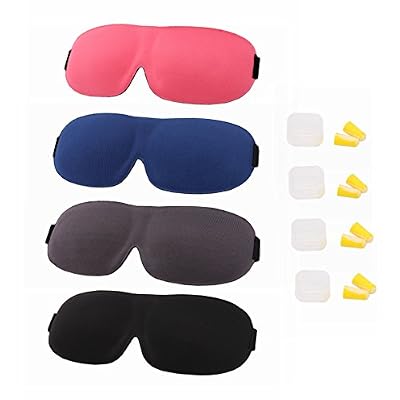INIBUD Lot de 4 Masque de Voyage Masque de Nuit avec 4 Paires Bouchons d’Oreille Masque pour dormir Confortable Anti-Lumière 3D Forme