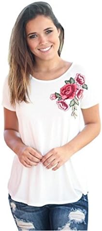Women's T-shirt, Manadlian Fashion Women Summer Appliques Rose Splice Printing Round Neck Pullover Blouse T-Shirt (White, S)