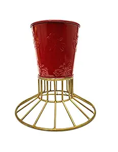 Go Hooked Metal Planter with Metal Stand for Living Room Bedroom Display Window Porch (Golden & Red, Pack of 1) (Flowers Not Included)