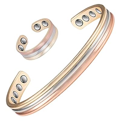 Tri Tone Gold Color Pure Copper Bracelet& Copper Rings For Women ~ Magnetic Copper Jewelry Sets ~gift Set For Women