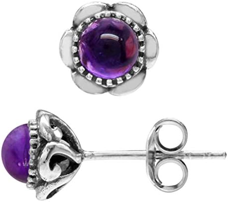 February Birthstone Sterling Silver Cabochon Amethyst Stud Earrings. Presented in a Red Kooqi Gift Box and Organza Bag