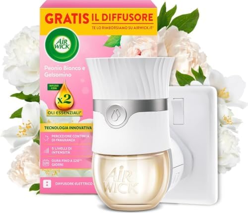 Air Wick Diffusore Elettrico di Oli Essenziali, 1 Diffusore completo gadget, 1 Ricarica per Diffusore Elettrico alla Fragranza Peonia Bianca e Gelsomino