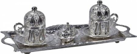 Turkish Engraved Copper Coffee Espresso Cup Saucer Sugar Bowl Tray Set (Silver)