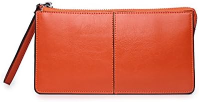 Lycailcy Women Genuine Leather Wallet Zipper Clutch Long Wallet Evening Purse Case Handbag with Wristlets (Orange)(Gift Box)