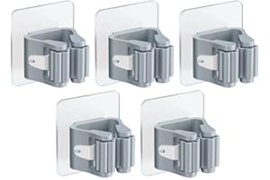V&J Pack 5 Uds. Soporte Adhesivo de Pared para Escobas y Fregonas. Organizador Ajustable para Colgar Escobas y Fregonas. Ganchos sin Perforar para Garaje, Cocina, Baños y Trasteros. (Color Gris)