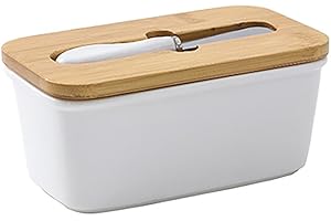 GJIE Porcelain Large Butter Dish with Knife & Wooden Lid, Airtight Butter Keeper for Countertop, Large Butter Holder for All Types of Butter (White)