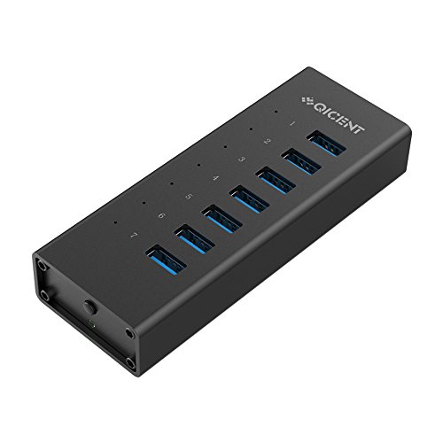QICENT Multipuerto USB Hub 3.0 con 7 Puertos de Aluminio hasta 5Gbps,12V 2.5A Adaptador y 1m Cable para Mac Windows 10 Microsoft Superficie Negra