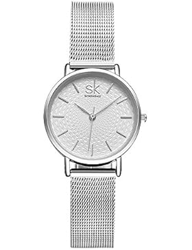 Mode Elegant Damen Quarz Legierung Dünn Edelstahl Stahlgitter Band Welle Muster Zifferblatt Armbanduhr Silber