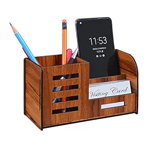 Deskart Multipurpose Wooden Pen Stand | MDF Pen Pencil Holder Stand with Mobile and Business Visiting Card Holder for Office Desk and Study Table Stationary Organizer Box