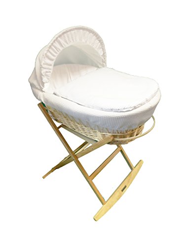 Deluxe Natural Wicker Crib / Moses Basket With White Waffle Dressing PLUS Deluxe Wooden Pine Rocking Stand