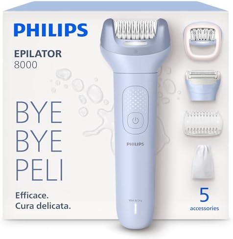 Philips Epilatore Serie 8000 - Epilatore elettrico Wet & Dry senza fili, per gambe e corpo, con ProGuide, 5 accessori, autonomia di 60 minuti, modello BRE709/00